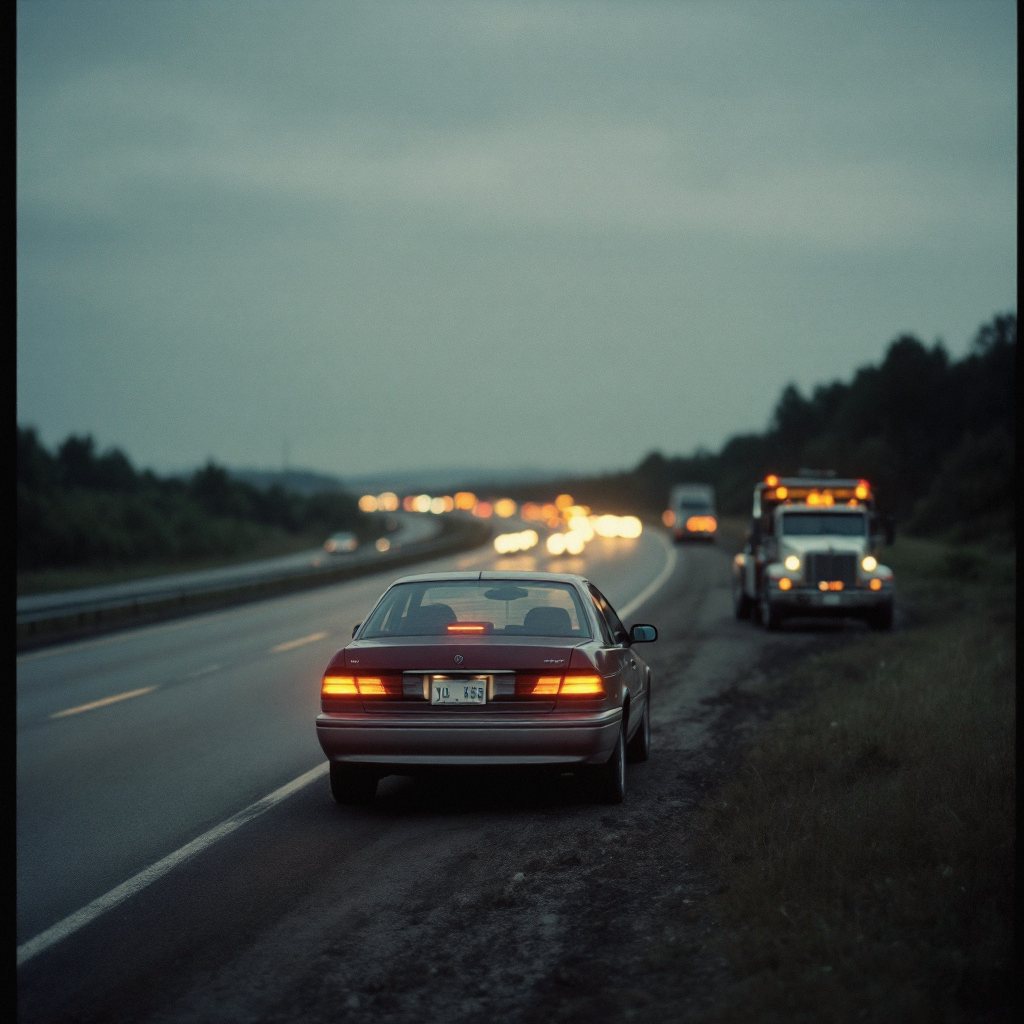 Flatbed loading a car on an interstate shoulder, cones deployed