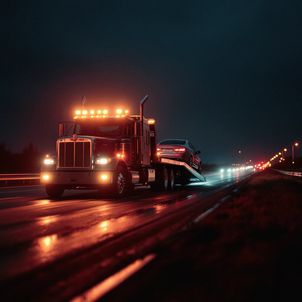 Tow truck on a highway shoulder at dusk