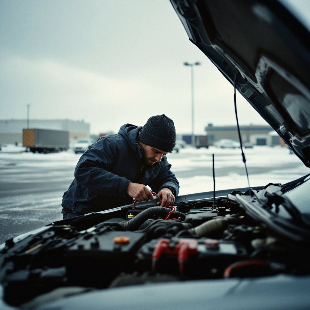 Technician clamping jumper cables to a battery on a road shoulder